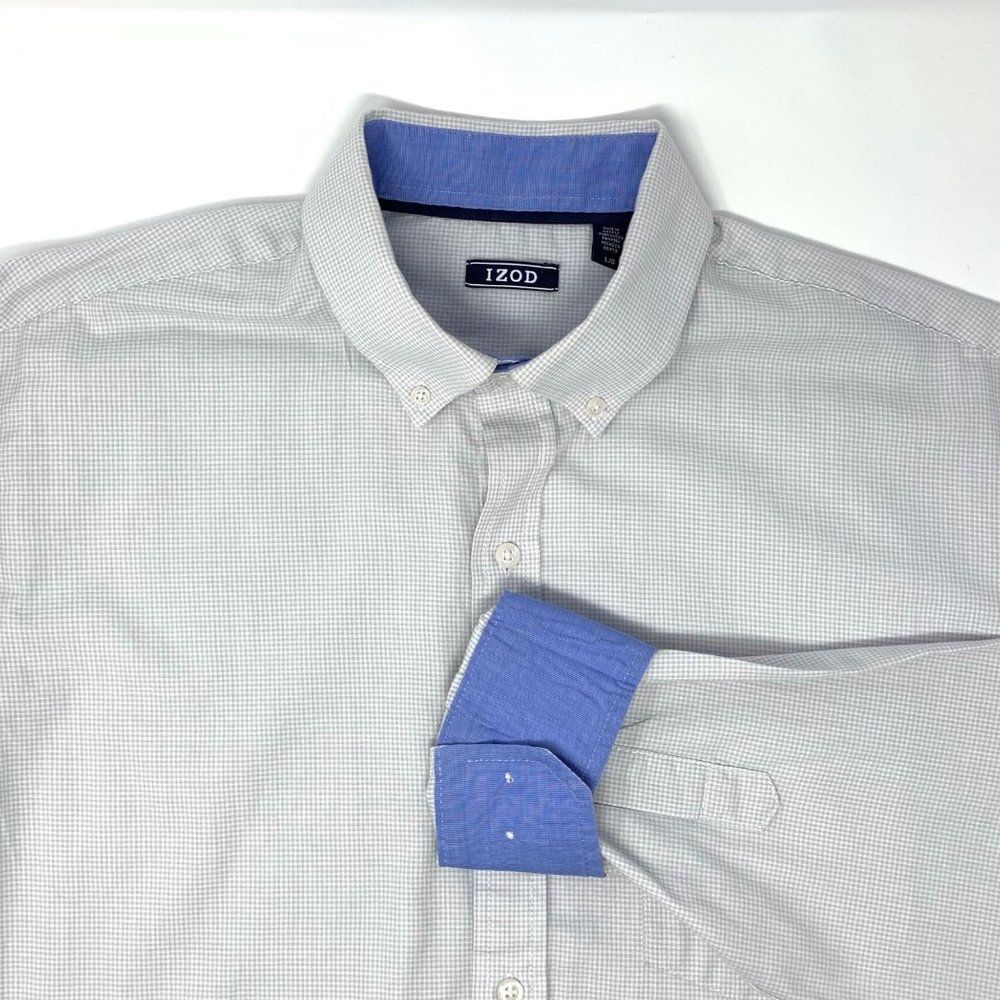 IZOD Beige & White Pin‎ Check Men's Long Sleeve Shirt Size Large - Picture 2 of 8
